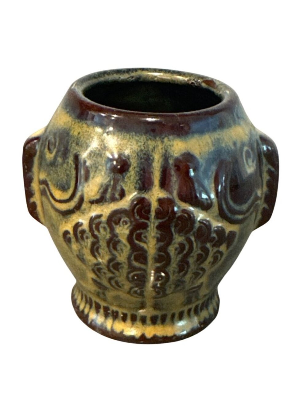 Vintage Canadian Art Pottery Glazed Ceramic Vase Embossed Elephant Signed